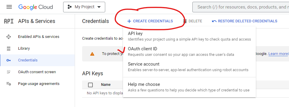 Google Cloud API CREATE CREDENTIALS